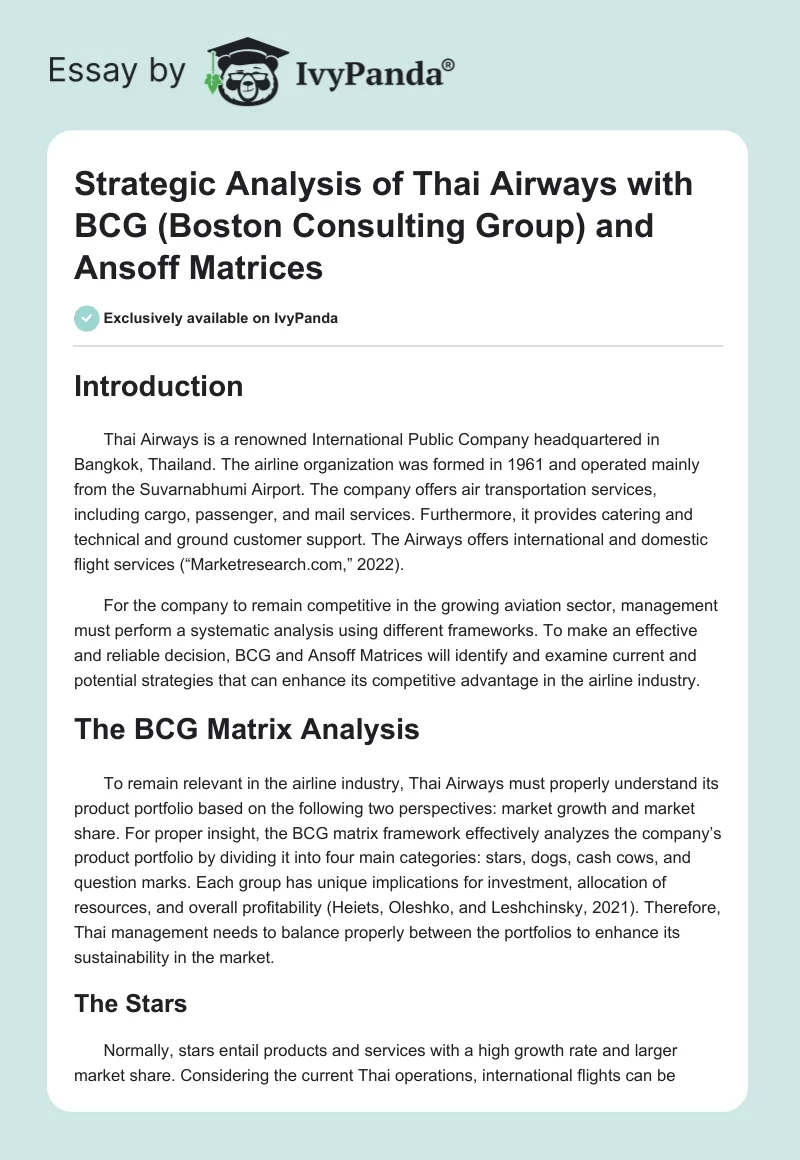 Strategic Analysis of Thai Airways with BCG (Boston Consulting Group) and Ansoff Matrices. Page 1