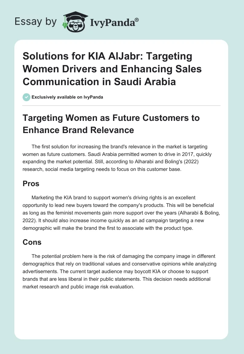 Solutions for KIA AlJabr: Targeting Women Drivers and Enhancing Sales Communication in Saudi Arabia. Page 1