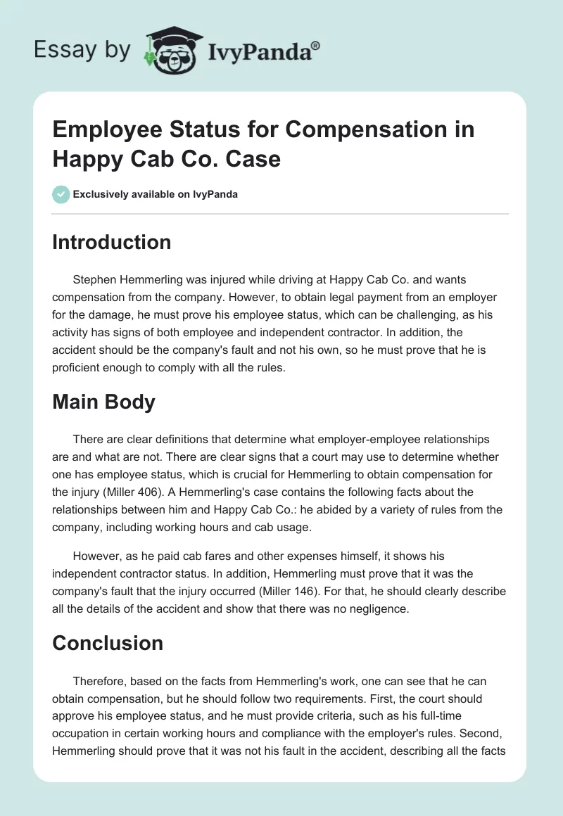 Employee Status for Compensation in Happy Cab Co. Case. Page 1