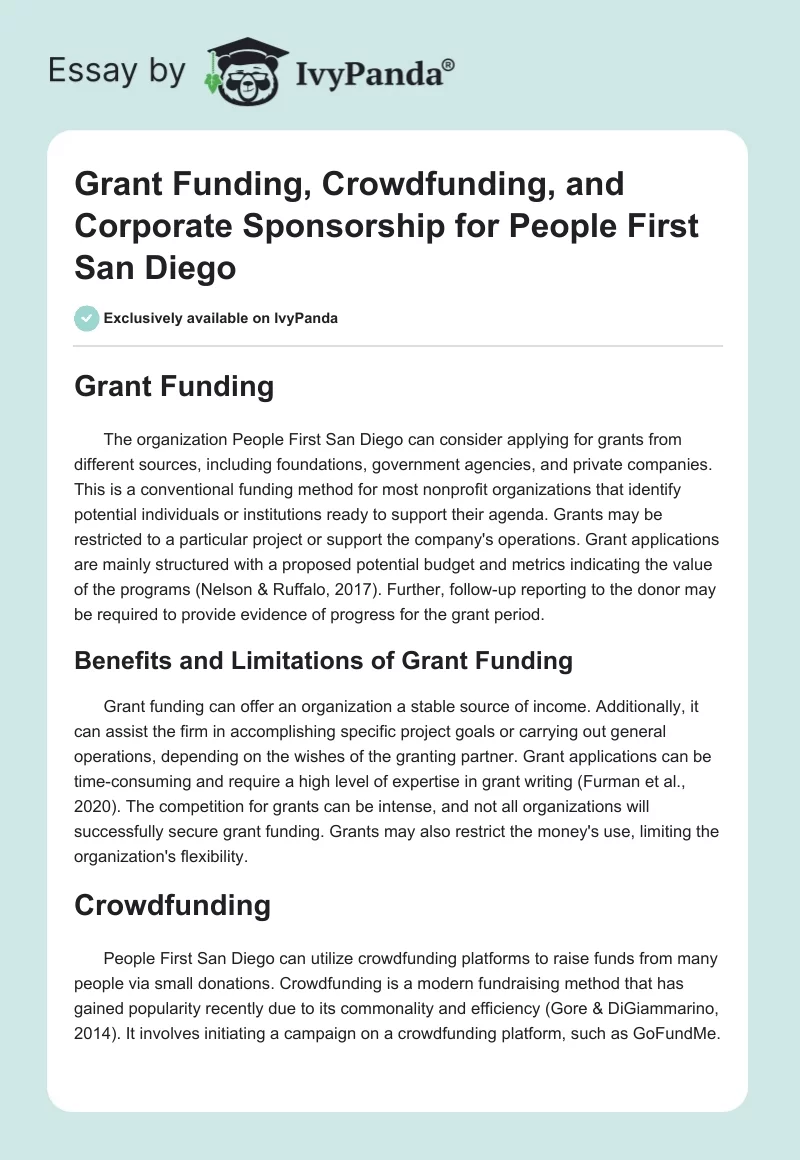 Grant Funding, Crowdfunding, and Corporate Sponsorship for People First San Diego. Page 1