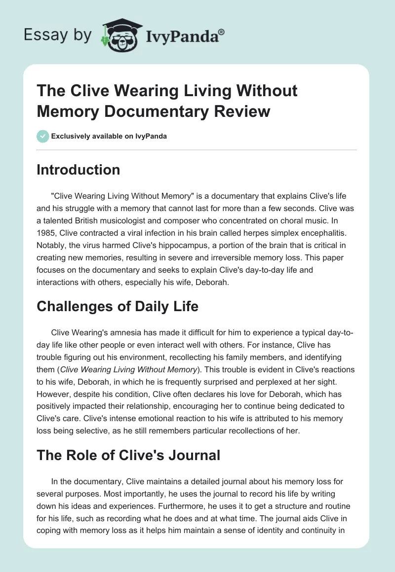 The Clive Wearing Living Without Memory Documentary Review. Page 1