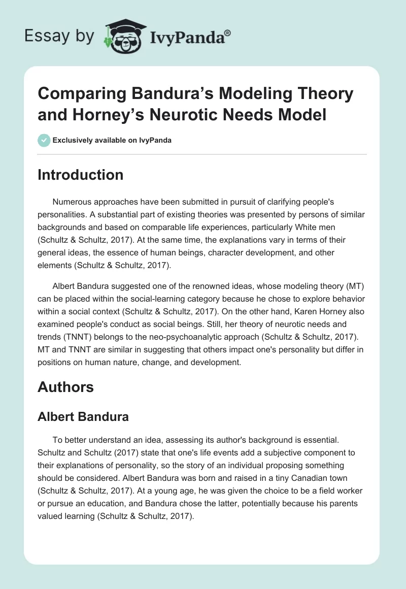 Comparing Bandura’s Modeling Theory and Horney’s Neurotic Needs Model. Page 1