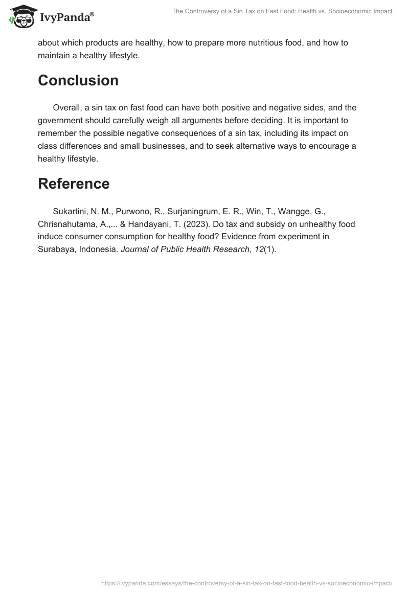 The Controversy of a Sin Tax on Fast Food: Health vs. Socioeconomic Impact. Page 2