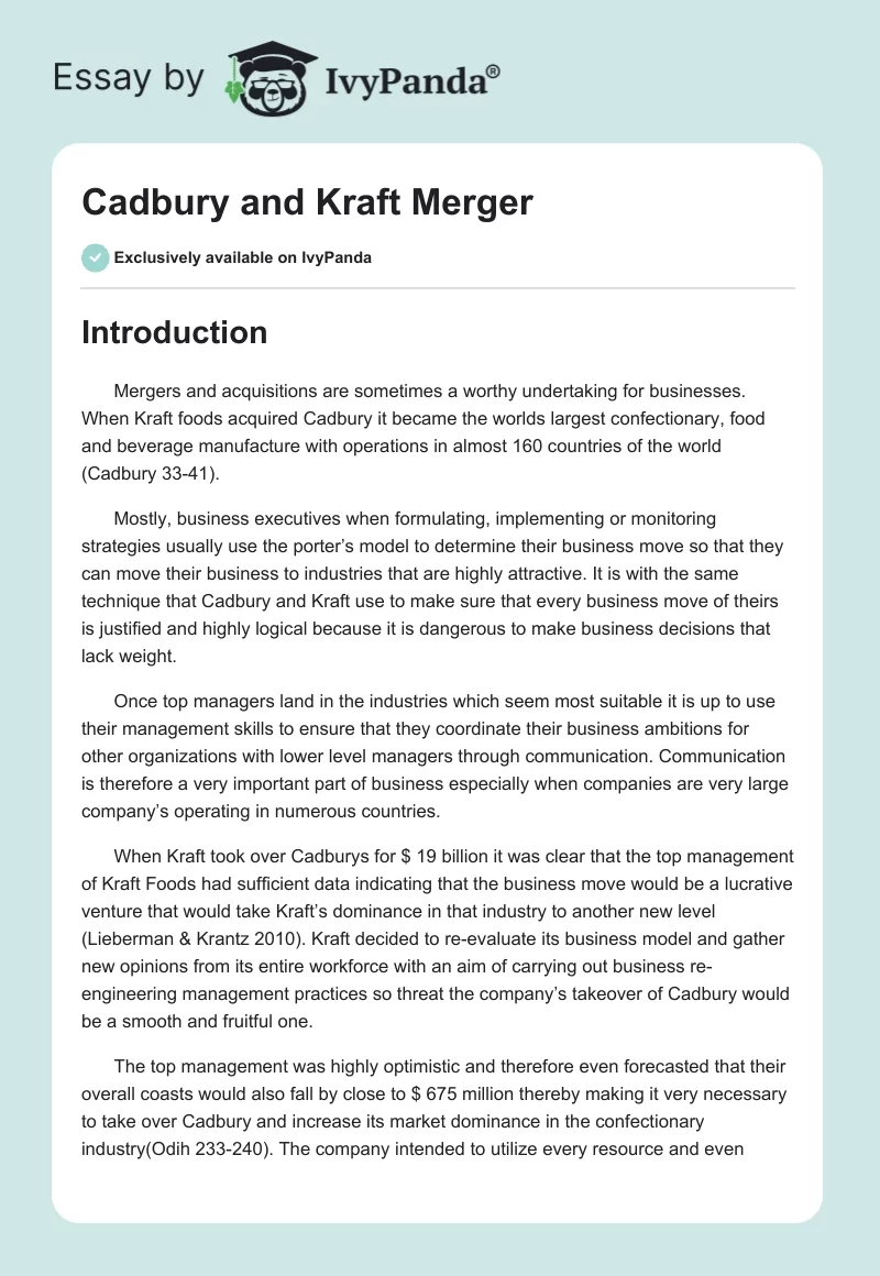 Cadbury and Kraft Merger. Page 1