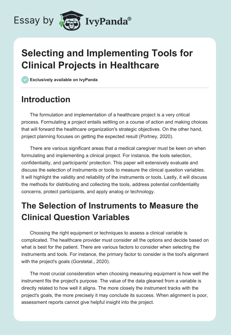 Selecting and Implementing Tools for Clinical Projects in Healthcare. Page 1