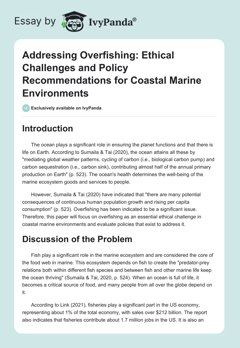 Addressing Overfishing: Ethical Challenges and Policy Recommendations for Coastal Marine Environments. Page 1