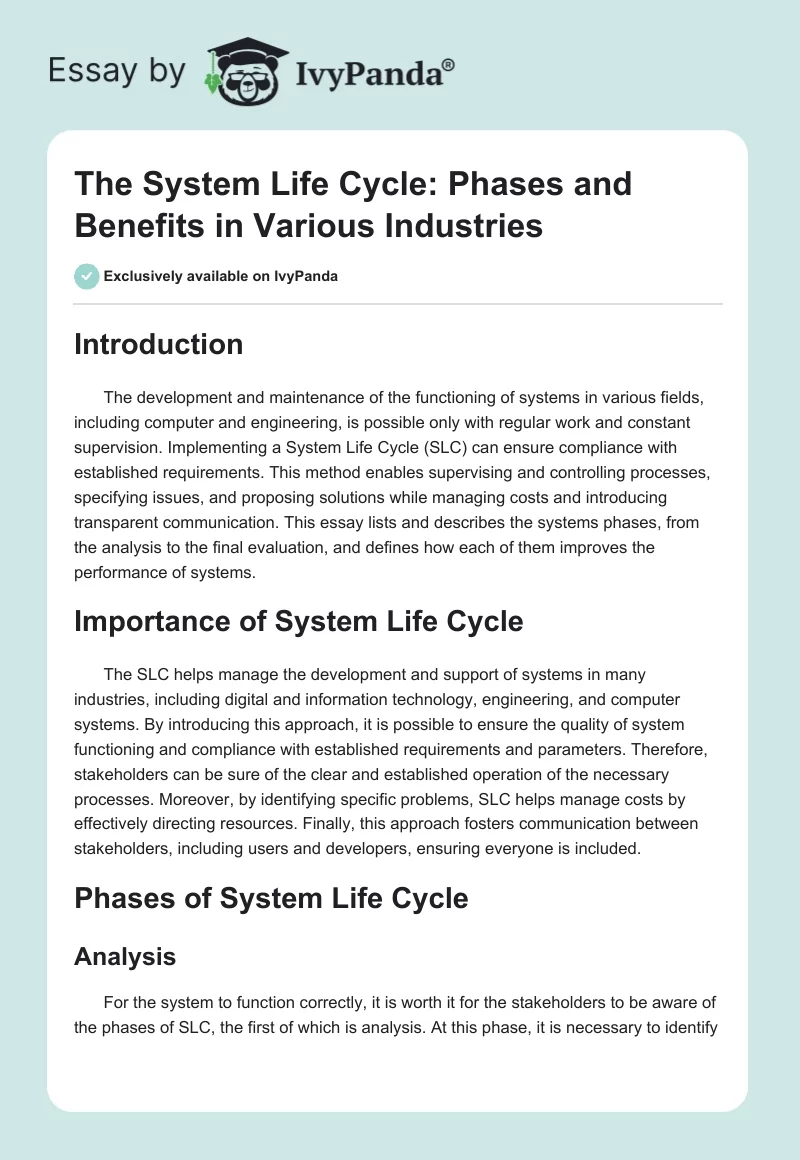 The System Life Cycle: Phases and Benefits in Various Industries. Page 1