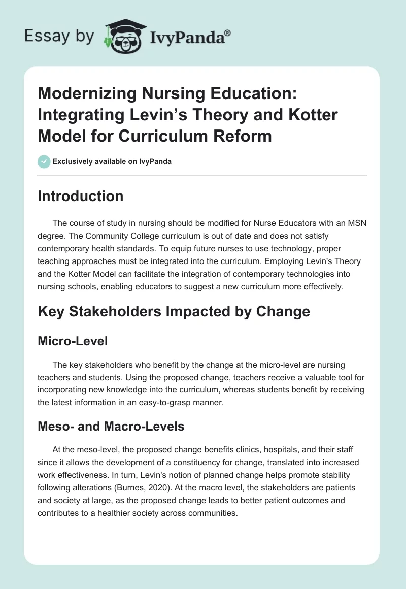 Modernizing Nursing Education: Integrating Levin’s Theory and Kotter Model for Curriculum Reform. Page 1