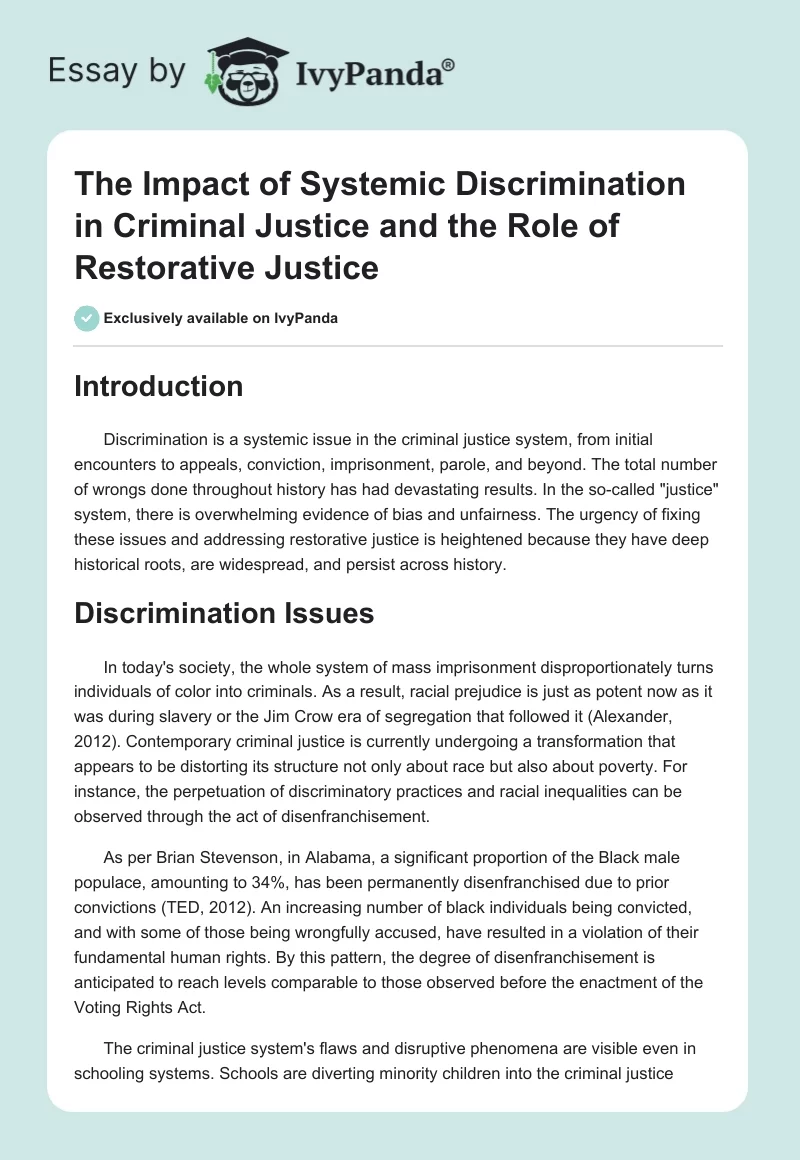 The Impact of Systemic Discrimination in Criminal Justice and the Role of Restorative Justice. Page 1