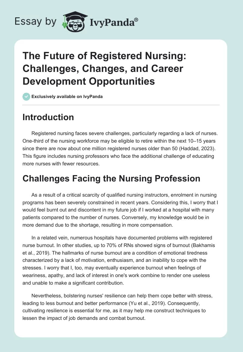 The Future of Registered Nursing: Challenges, Changes, and Career Development Opportunities. Page 1