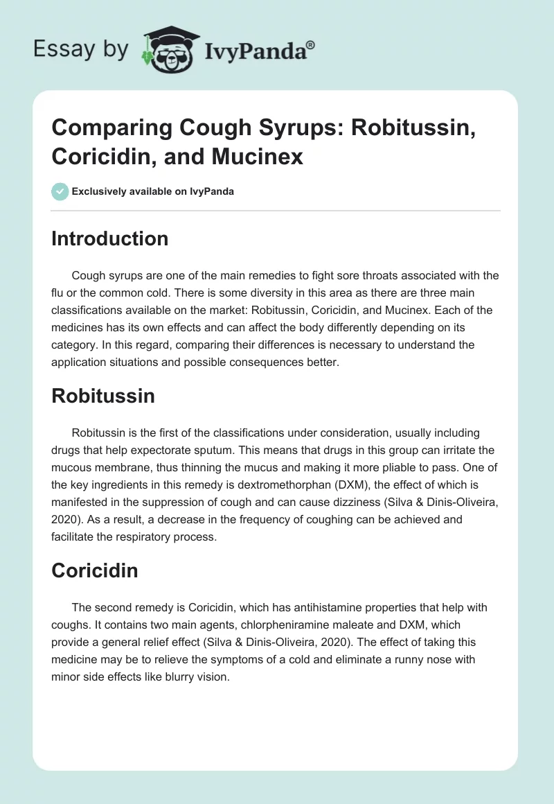 Comparing Cough Syrups: Robitussin, Coricidin, and Mucinex. Page 1