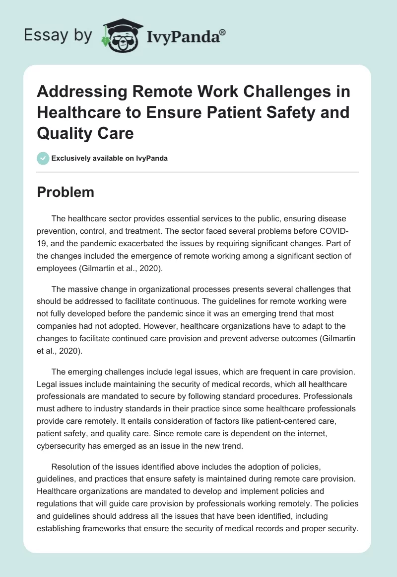 Addressing Remote Work Challenges in Healthcare to Ensure Patient Safety and Quality Care. Page 1