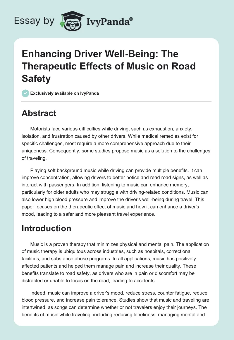 Enhancing Driver Well-Being: The Therapeutic Effects of Music on Road Safety. Page 1