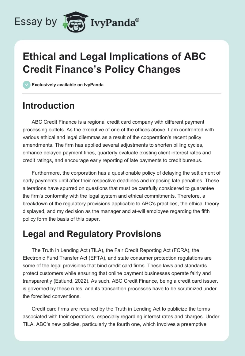 Ethical and Legal Implications of ABC Credit Finance’s Policy Changes. Page 1