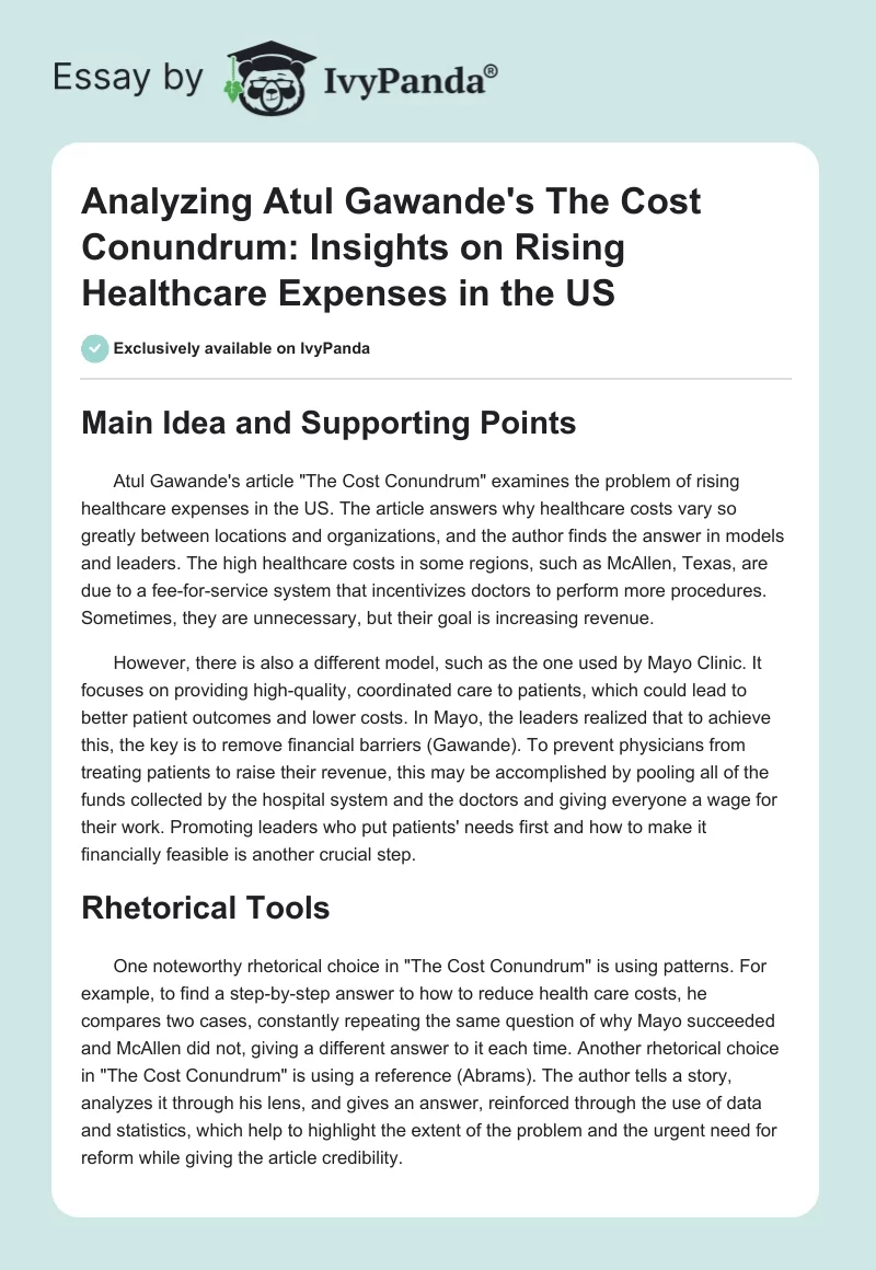 Analyzing Atul Gawande's The Cost Conundrum: Insights on Rising Healthcare Expenses in the US. Page 1