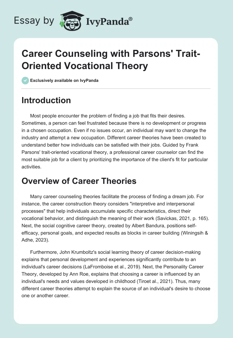 Career Counseling with Parsons' Trait-Oriented Vocational Theory. Page 1