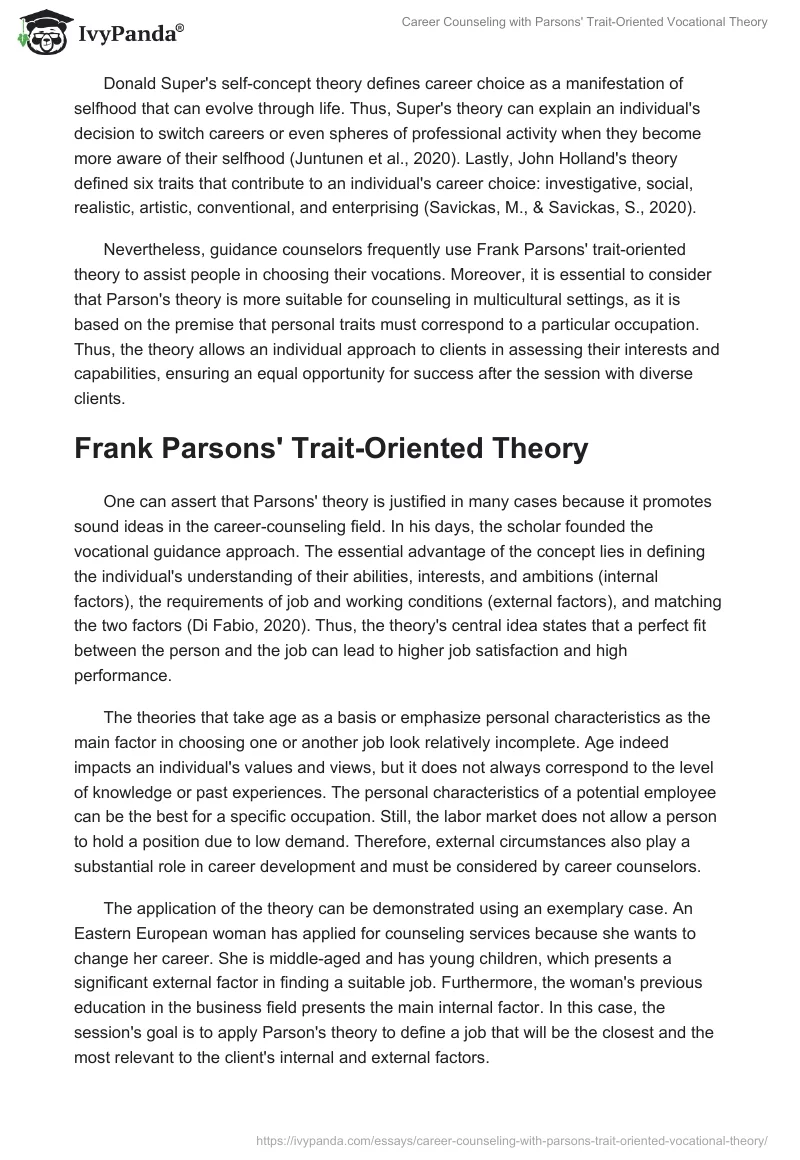 Career Counseling with Parsons' Trait-Oriented Vocational Theory. Page 2