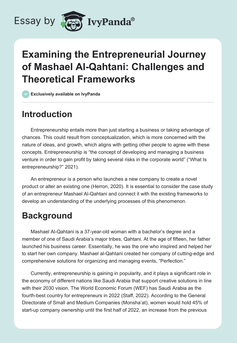 Examining the Entrepreneurial Journey of Mashael Al-Qahtani: Challenges and Theoretical Frameworks. Page 1