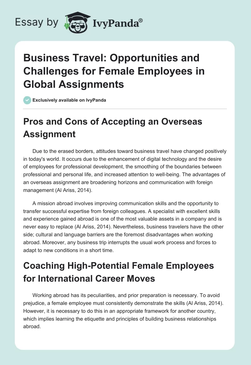 Business Travel: Opportunities and Challenges for Female Employees in Global Assignments. Page 1