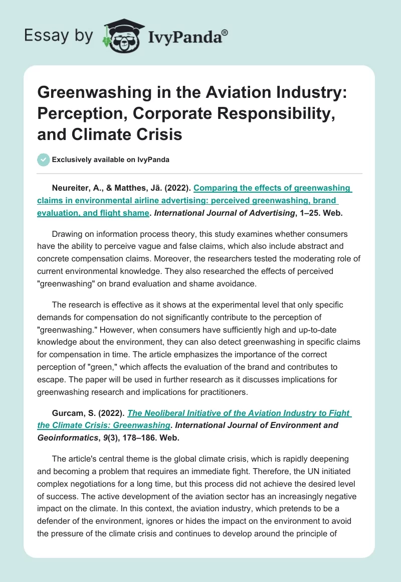 Greenwashing in the Aviation Industry: Perception, Corporate Responsibility, and Climate Crisis. Page 1