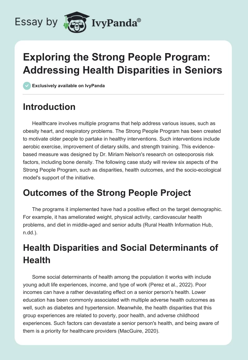 Exploring the Strong People Program: Addressing Health Disparities in Seniors. Page 1