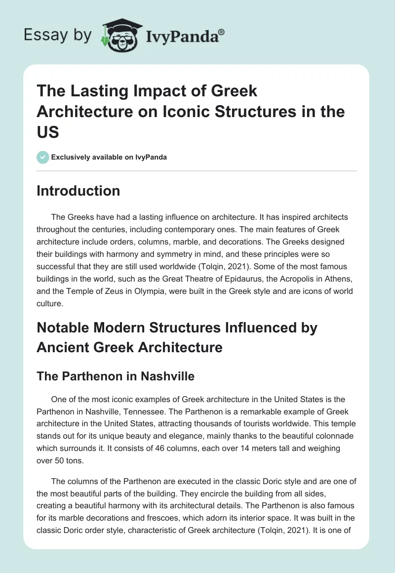 The Lasting Impact of Greek Architecture on Iconic Structures in the US. Page 1