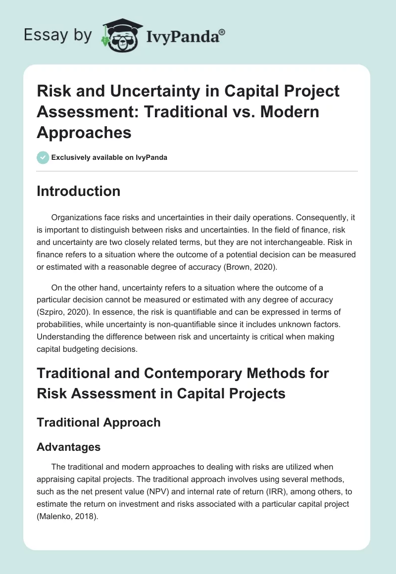 Risk and Uncertainty in Capital Project Assessment: Traditional vs. Modern Approaches. Page 1