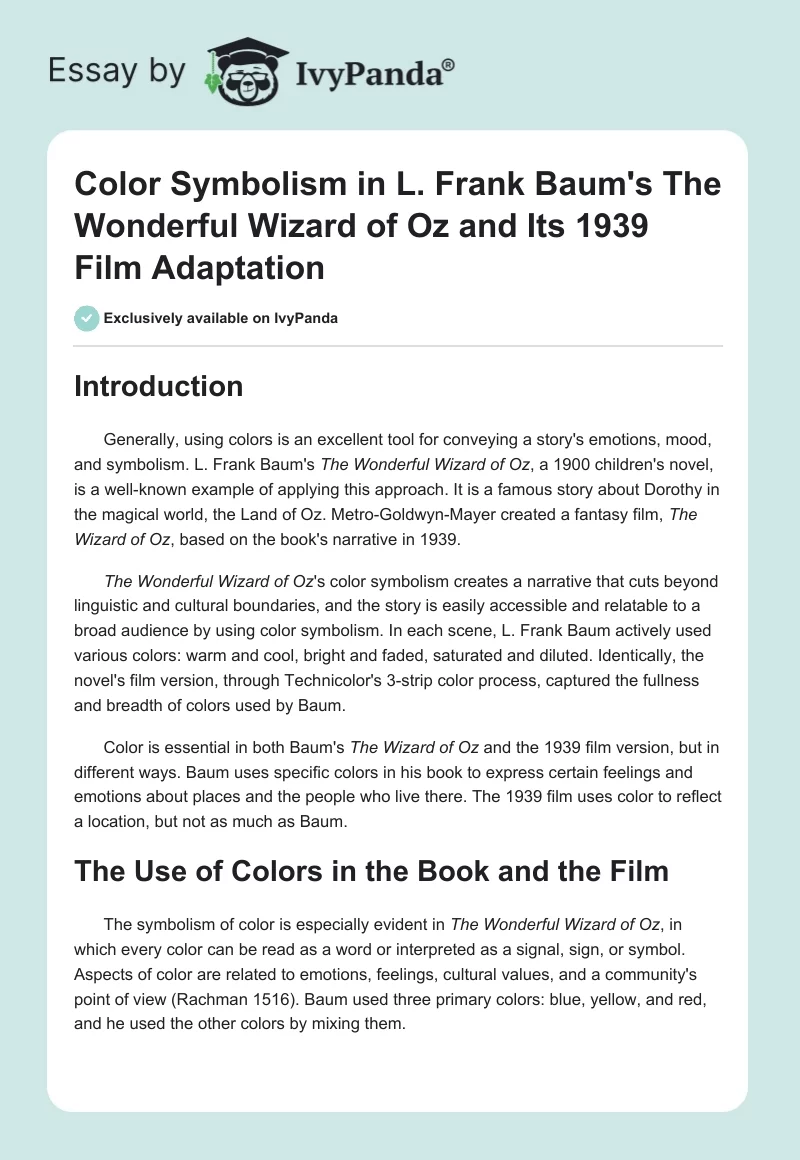 Color Symbolism in L. Frank Baum's The Wonderful Wizard of Oz and Its 1939 Film Adaptation. Page 1