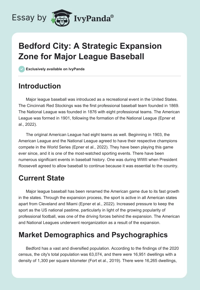 Bedford City: A Strategic Expansion Zone for Major League Baseball. Page 1