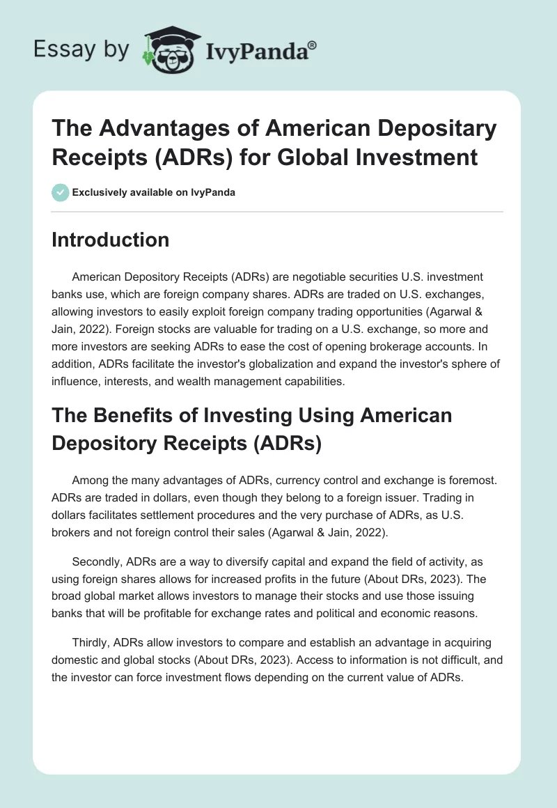 The Advantages of American Depositary Receipts (ADRs) for Global Investment. Page 1