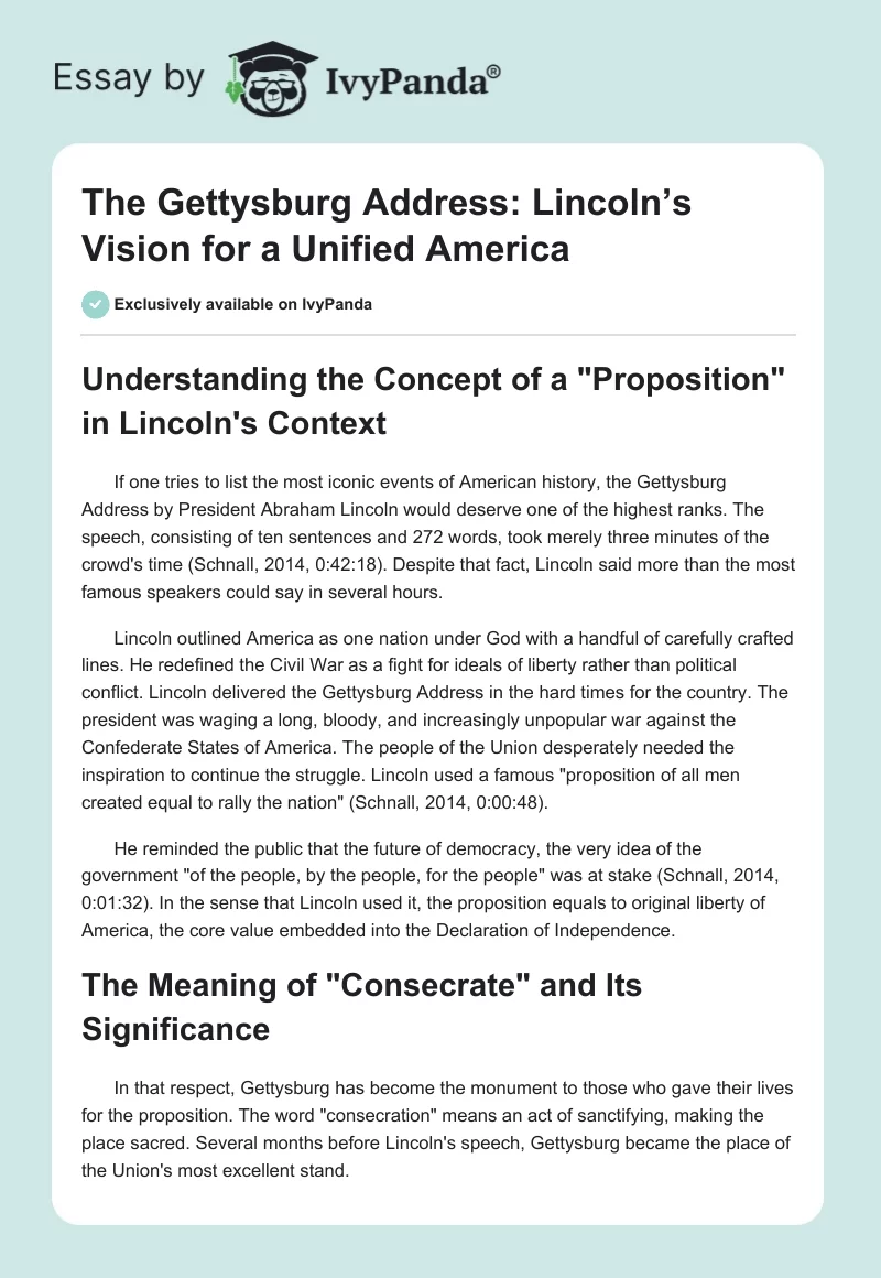 The Gettysburg Address: Lincoln’s Vision for a Unified America. Page 1