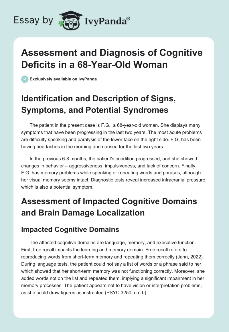 Assessment and Diagnosis of Cognitive Deficits in a 68-Year-Old Woman. Page 1