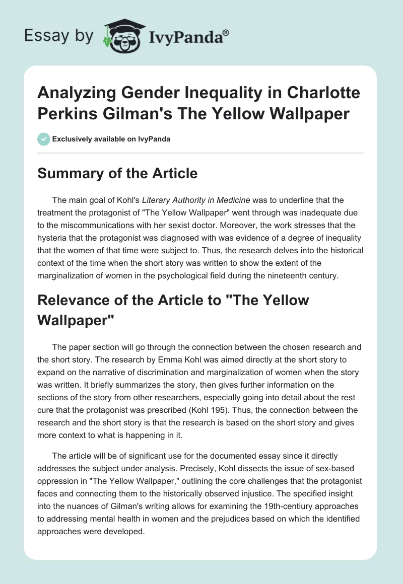 Analyzing Gender Inequality in Charlotte Perkins Gilman's "The Yellow Wallpaper". Page 1