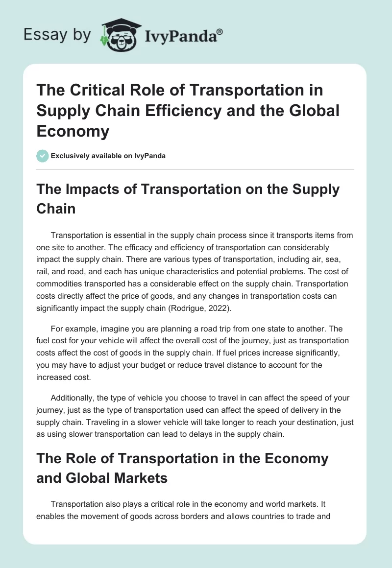 The Critical Role of Transportation in Supply Chain Efficiency and the Global Economy. Page 1