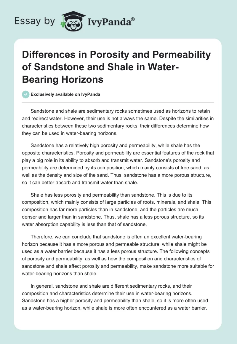 Differences in Porosity and Permeability of Sandstone and Shale in Water-Bearing Horizons. Page 1