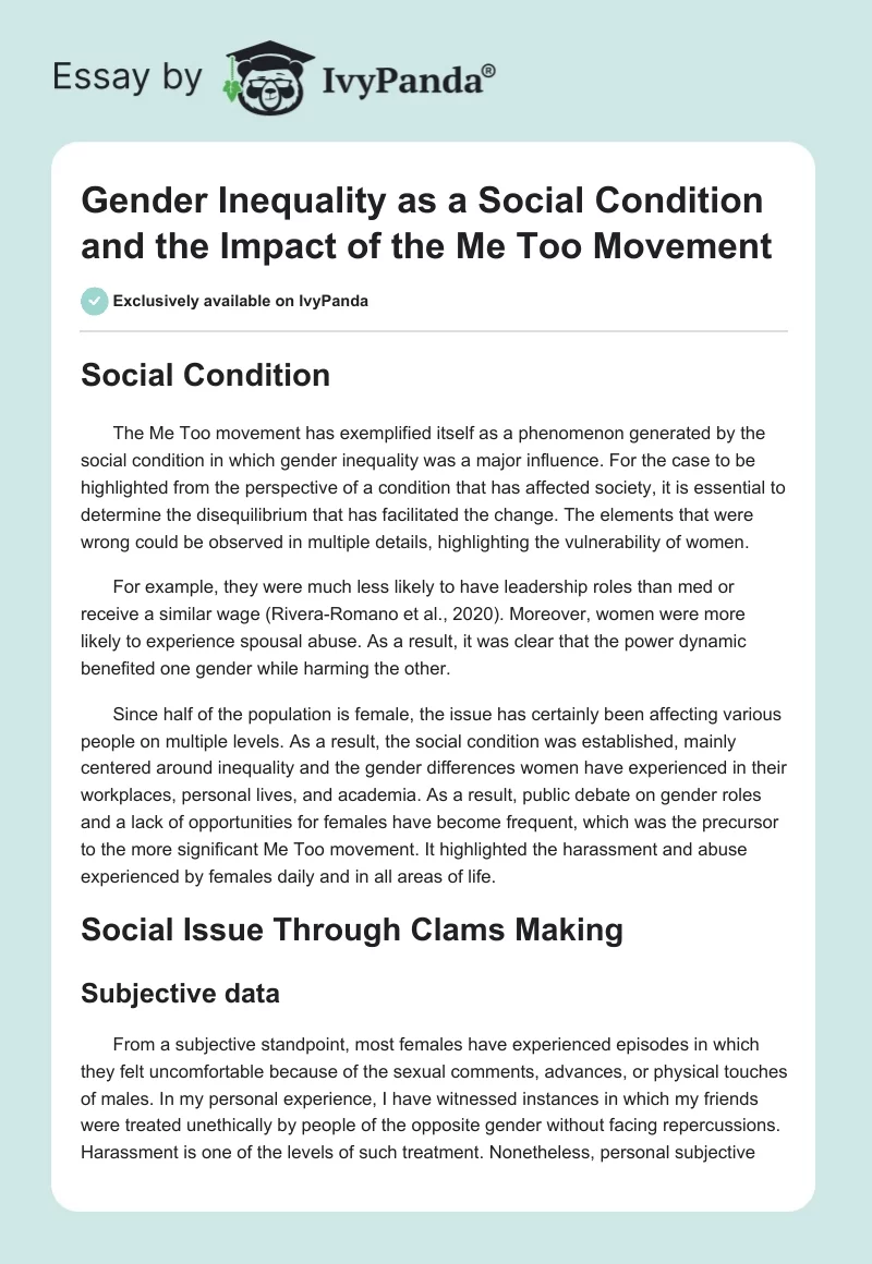 Gender Inequality as a Social Condition and the Impact of the Me Too Movement. Page 1