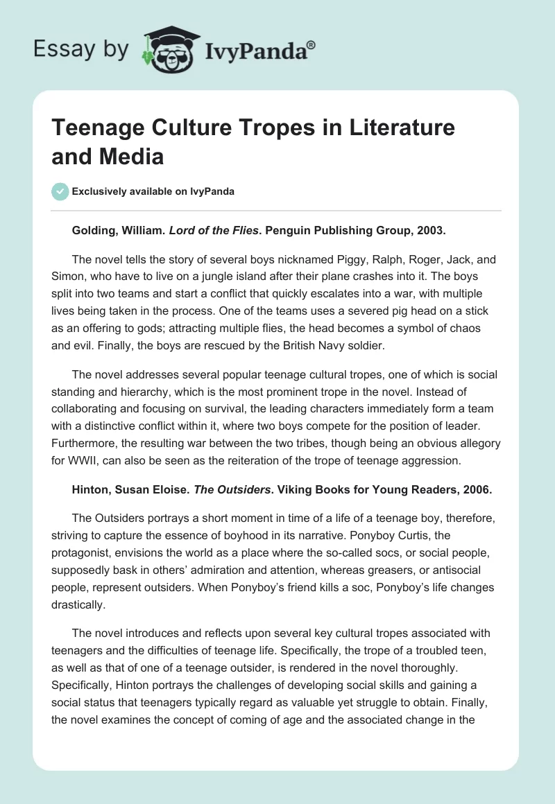 Teenage Culture Tropes in Literature and Media. Page 1