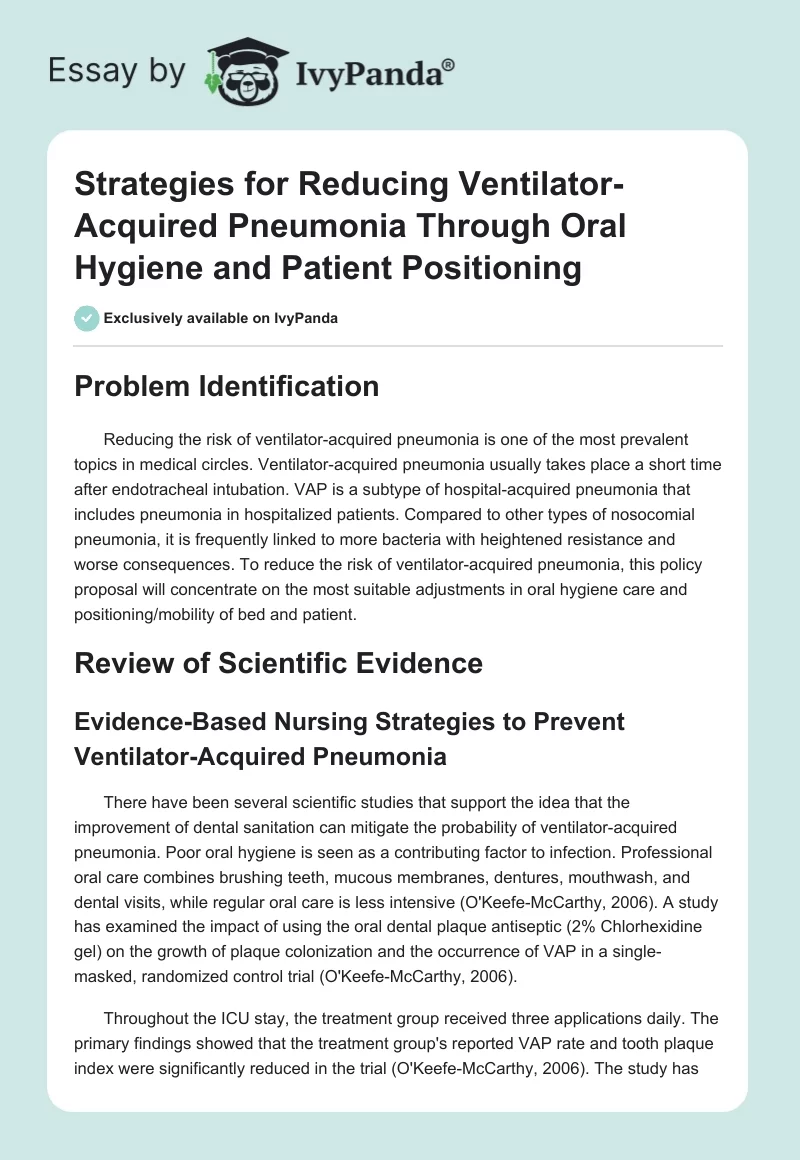 Strategies for Reducing Ventilator-Acquired Pneumonia Through Oral Hygiene and Patient Positioning. Page 1