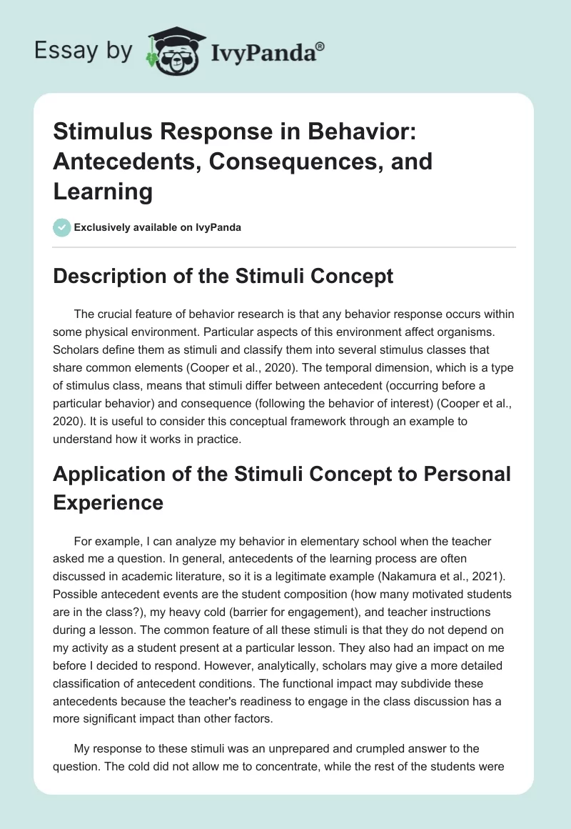 Stimulus Response in Behavior: Antecedents, Consequences, and Learning. Page 1