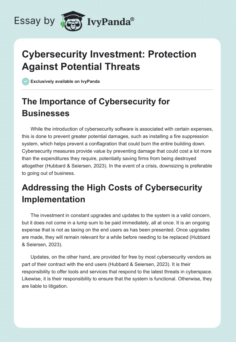 Cybersecurity Investment: Protection Against Potential Threats. Page 1