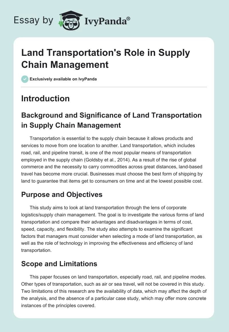 Land Transportation's Role in Supply Chain Management. Page 1