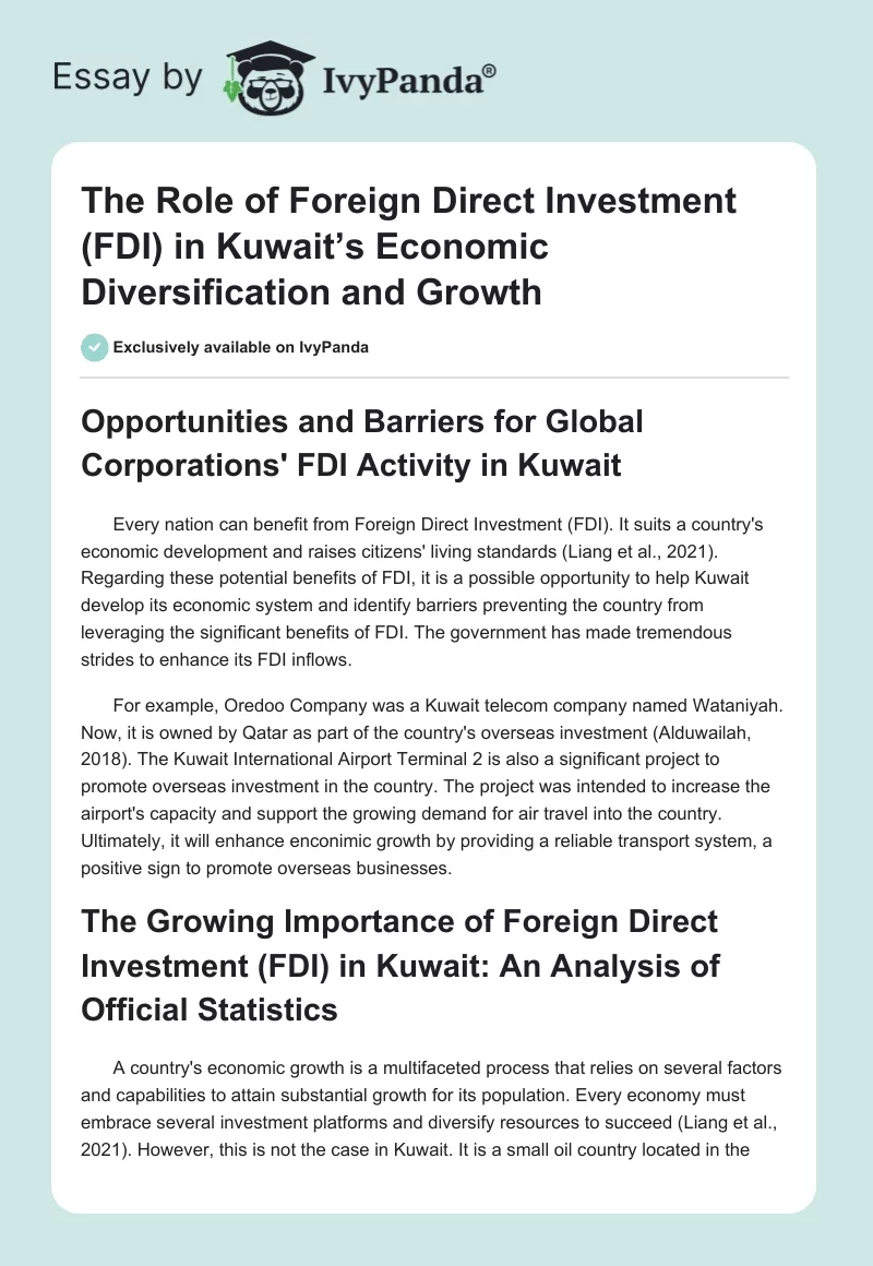 The Role of Foreign Direct Investment (FDI) in Kuwait’s Economic Diversification and Growth. Page 1