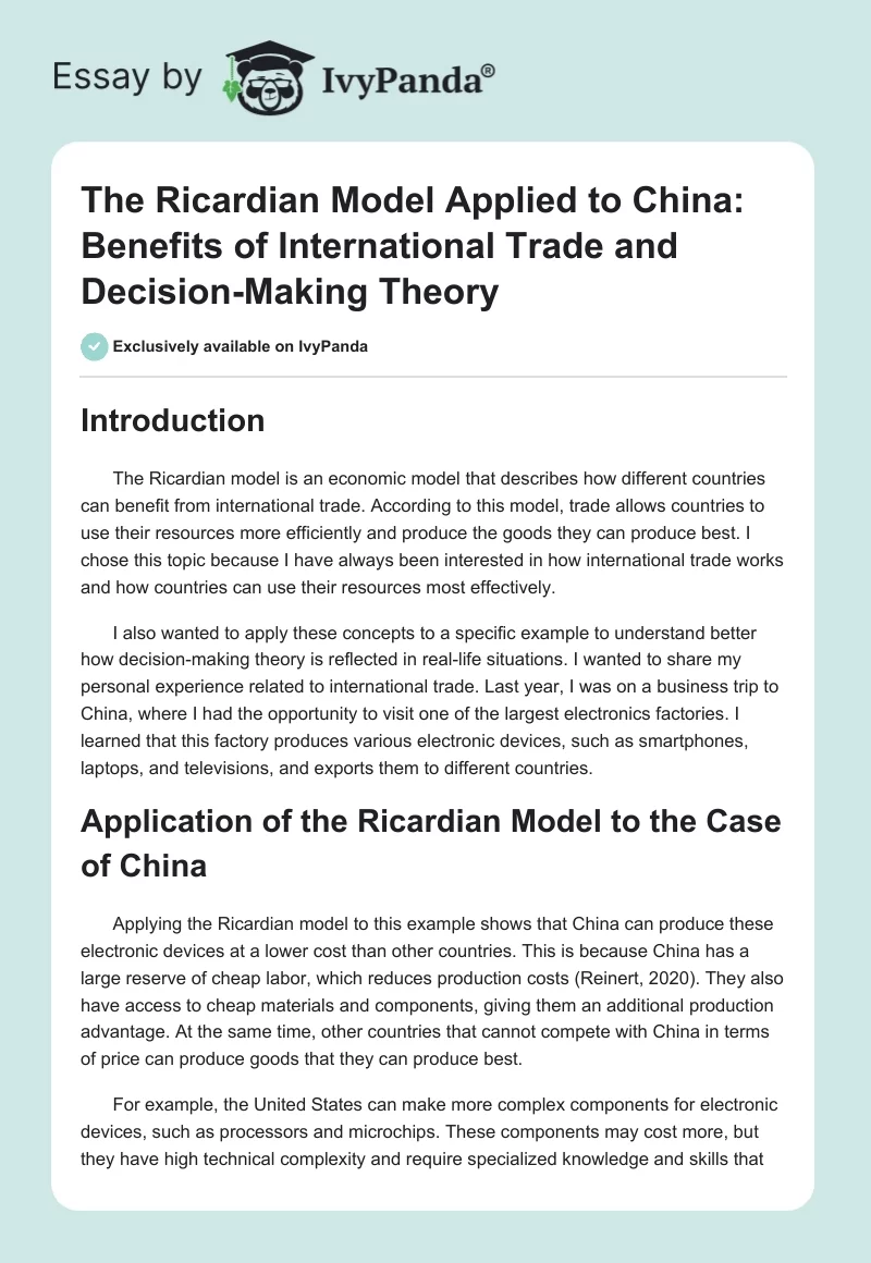 The Ricardian Model Applied to China: Benefits of International Trade and Decision-Making Theory. Page 1