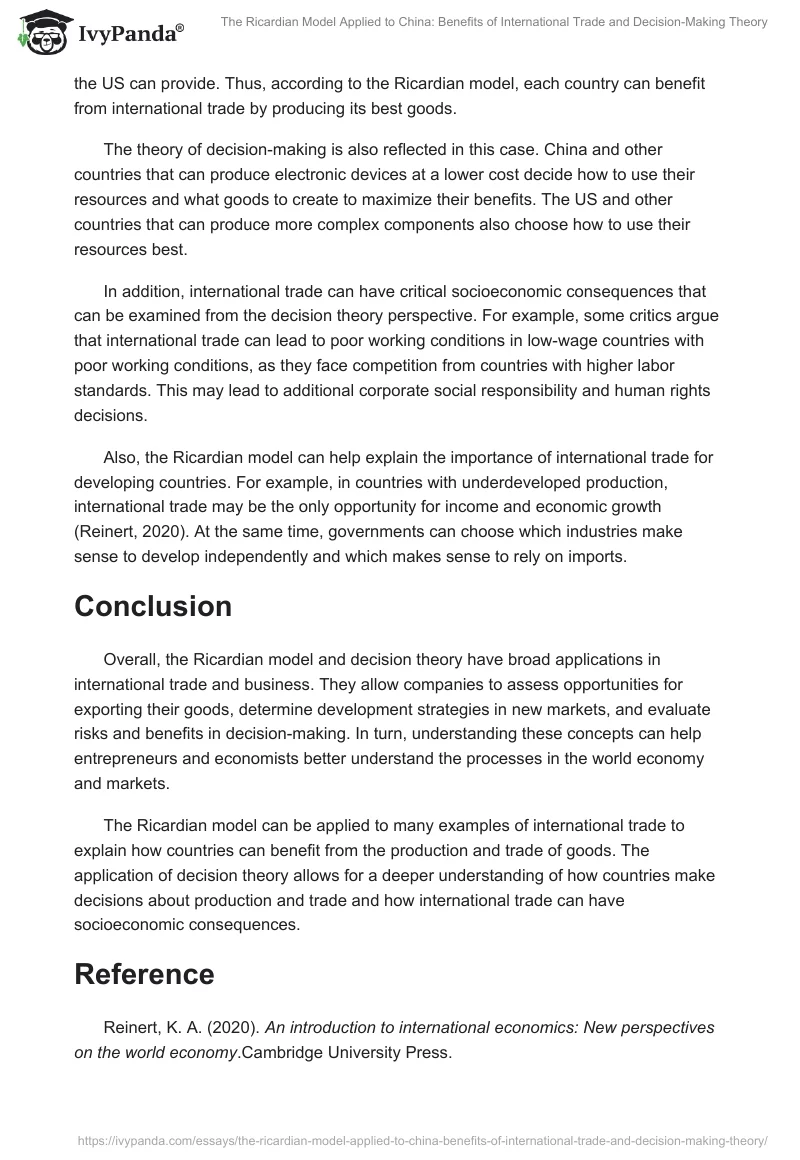 The Ricardian Model Applied to China: Benefits of International Trade and Decision-Making Theory. Page 2