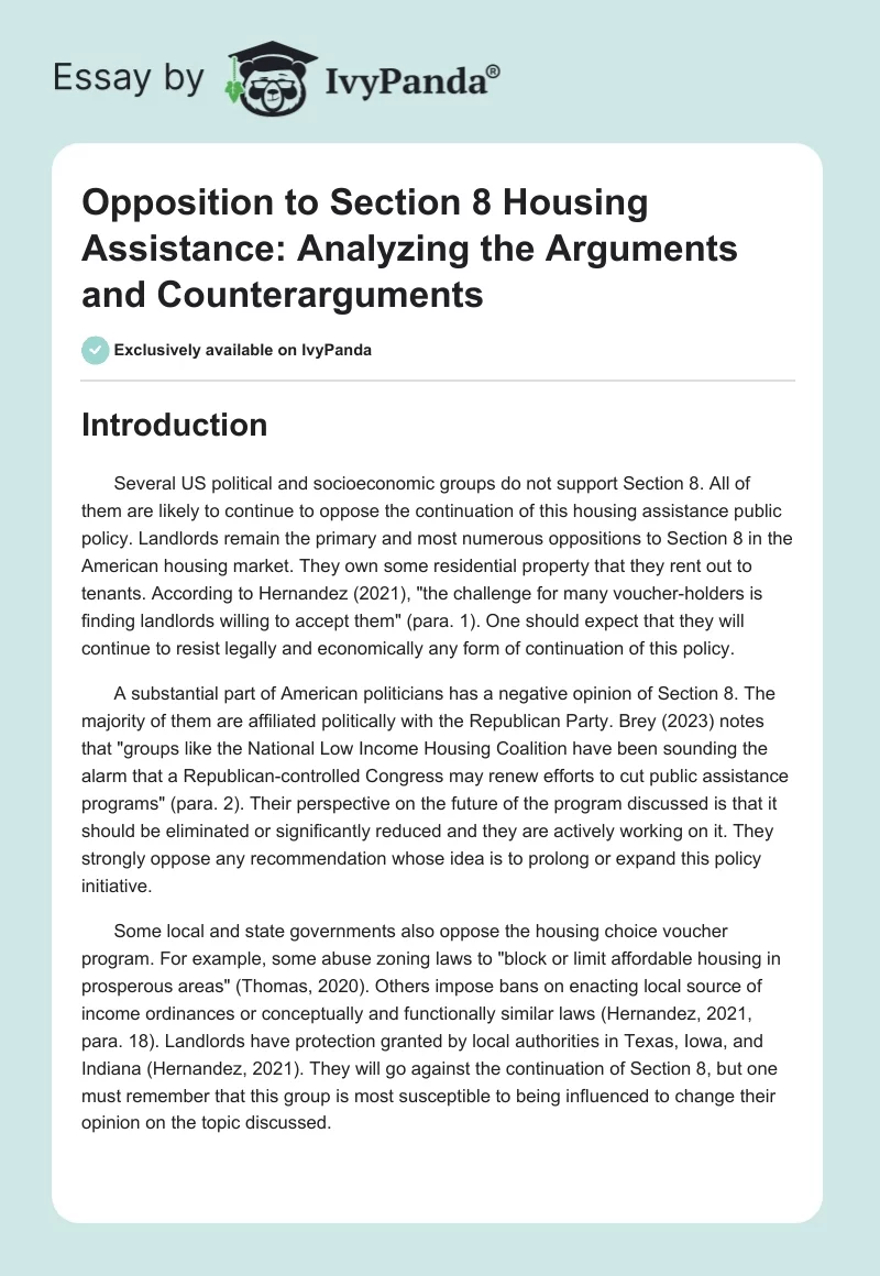 Opposition to Section 8 Housing Assistance: Analyzing the Arguments and Counterarguments. Page 1