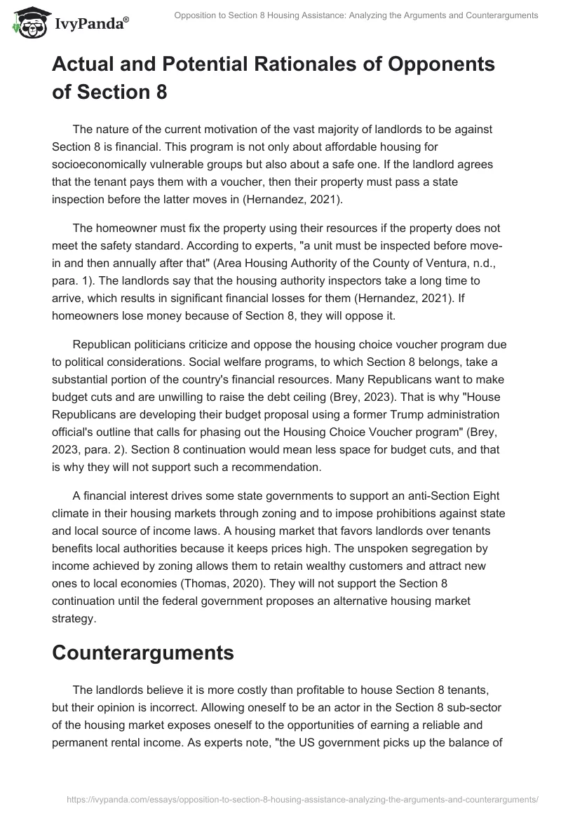 Opposition to Section 8 Housing Assistance: Analyzing the Arguments and Counterarguments. Page 2