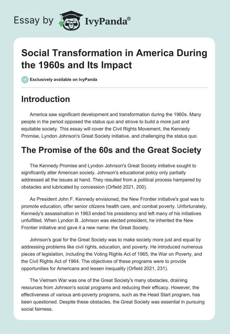 Social Transformation in America During the 1960s and Its Impact. Page 1