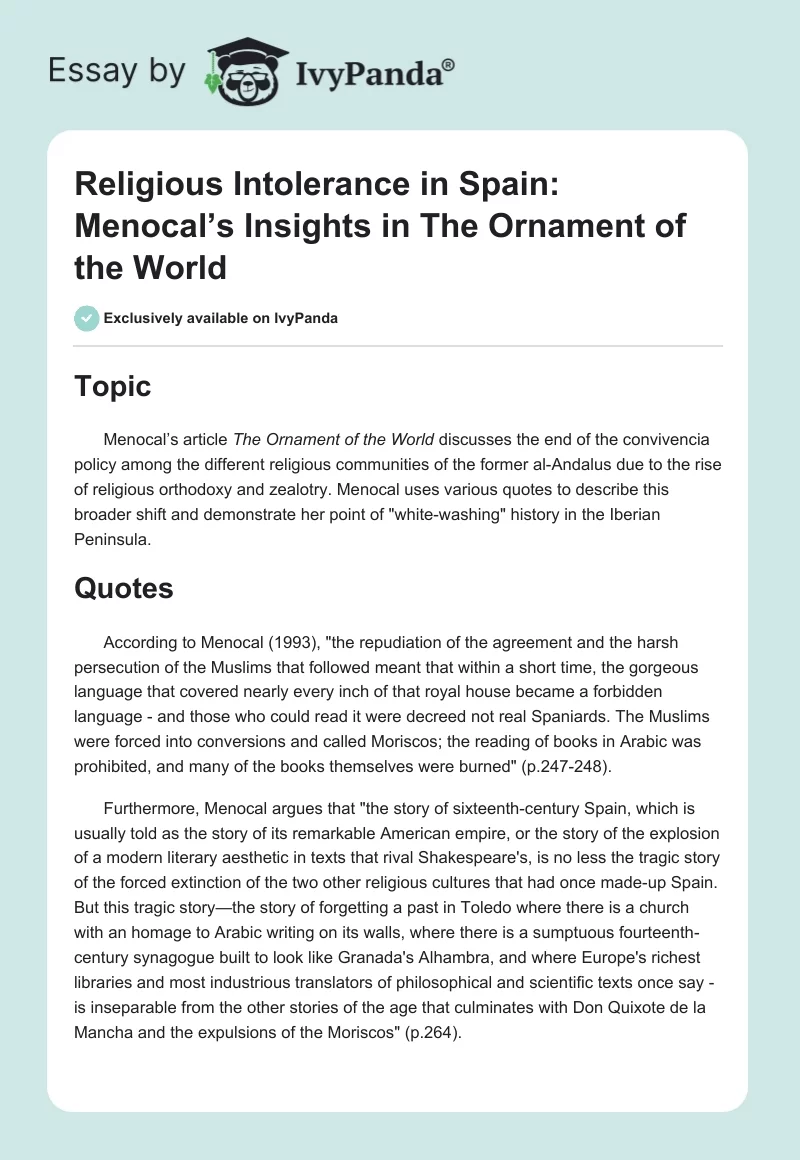 Religious Intolerance in Spain: Menocal’s Insights in The Ornament of the World. Page 1