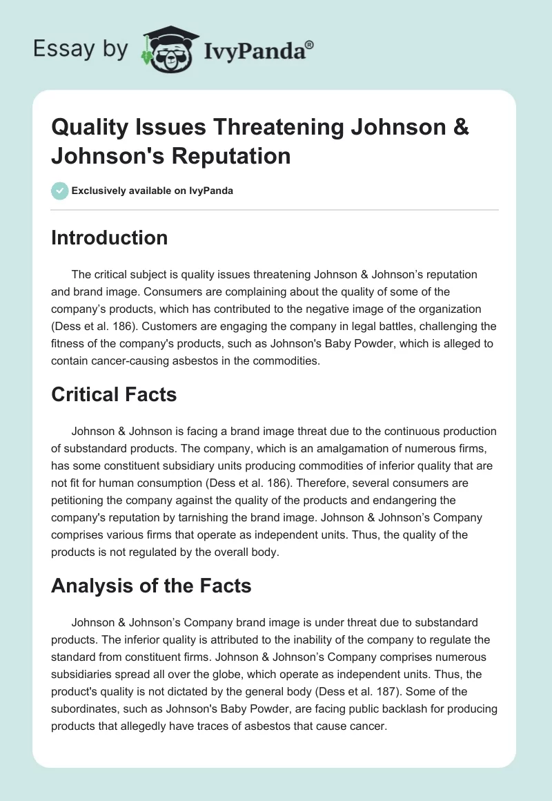 Quality Issues Threatening Johnson & Johnson's Reputation. Page 1