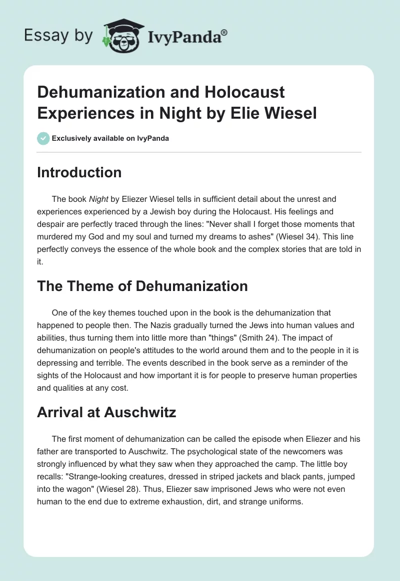 Dehumanization and Holocaust Experiences in Night by Elie Wiesel. Page 1